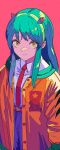  1girl absurdres bangs belt closed_mouth collared_shirt commentary cowboy_shot green_hair highres horns jacket long_hair looking_away lum natsugu72 necktie open_clothes open_jacket orange_jacket pants purple_pants red_background red_belt red_necktie shirt sidelocks simple_background smile solo standing takahashi_rumiko_(style) urusei_yatsura white_shirt yellow_eyes 