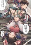 2girls after_battle bandeau black_hair bladed_tonfa bodysuit breasts brown_hair clenched_teeth closed_eyes commentary defeat girl_on_top green_vest impossible_bodysuit impossible_clothes jelly_shrimp large_breasts low_twintails lying multiple_girls on_back pants red_bodysuit see-through_clothes see-through_pants smile soulcalibur straddling sword taki_(soulcalibur) talim teeth tonfa translated twintails vest victory weapon white_bandeau white_pants 