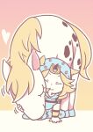  1boy absurdres animal arm_warmers beanie blonde_hair blue_hat blue_hoodie blue_pants chibi closed_eyes commentary hat heart highres hood hood_down hoodie horse horseshoe_hat_ornament horseshoe_ornament hug johnny_joestar jojo_no_kimyou_na_bouken m_a_a_m_8 male_focus medium_hair outline pants pastel_colors sitting slow_dancer_(jojo) smile star_(symbol) star_print steel_ball_run untranslatable_commentary wariza white_outline yellow_arm_warmers 