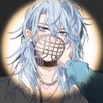  2boys belt_collar blue_eyes blue_hair blue_jacket brown_collar chain collar collarbone collared_shirt curtained_hair edmond_(nu_carnival) eiden_(nu_carnival) foreshortening hand_on_another's_cheek hand_on_another's_face highres jacket long_hair looking_at_viewer male_focus multiple_boys muzzle_(mask) nu_carnival out_of_frame parted_bangs parted_lips partially_unbuttoned portrait pov pov_hands shadow shirt solo_focus spotlight vignetting white_shirt your_yanjiu 