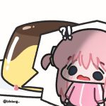  !? 1girl blank_stare blue_eyes bocchi_the_rock! chibi chibi_only confused food gotoh_hitori highres long_hair looking_at_viewer lulalang one_side_up open_mouth oversized_food oversized_object pink_hair pudding simple_background twitter_username white_background 