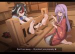  2girls absurdres ahoge barefoot black_hair black_nails blue_bow bound bound_ankles bound_wrists bow chinese_commentary commentary_request english_commentary english_text feet foot_focus gold_trim grey_hair hair_between_eyes hair_intakes highres horns indoors jager japanese_clothes kijin_seija kimono licking_lips long_hair medium_hair mixed-language_commentary multicolored_hair multiple_girls nail_polish obi on_ground purple_hair red_eyes red_hair red_kimono sash short_sleeves sitting soles spread_toes stocks streaked_hair sukuna_shinmyoumaru tatami toe_scrunch toenail_polish toenails toes tongue tongue_out touhou wide_sleeves 