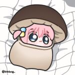  1girl blue_eyes bocchi_the_rock! chibi chibi_only closed_mouth cube_hair_ornament full_body gotoh_hitori hair_ornament highres lulalang lying mushroom_costume on_back one_side_up pink_hair solo twitter_username white_background 