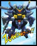  absurdres artist_name beam_rifle commentary_request derivative_work energy_gun flying green_eyes gundam gundam_mk_ii highres holding holding_weapon mecha mecha_focus mobile_suit moyan no_humans original redesign robot science_fiction signature solo sound_effects titans_(gundam) v-fin weapon western_comics_(style) zeta_gundam 