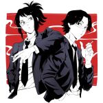  1boy 1girl black_hair black_jacket black_necktie chainsaw_man cigarette cropped_torso high_ponytail highres holding holding_cigarette jacket kurose_yuutarou medium_hair monochrome necktie sailor_collar scar scar_on_face shirt short_hair simple_background smoking spot_color ten_ten_10_10 tendou_michiko white_background white_shirt 