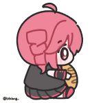  1girl ahoge baguette black_shirt black_skirt bread chibi chibi_only commentary detached_sleeves drill_hair fatass_teto_(meme) food from_side full_body highres holding holding_bread kasane_teto lulalang meme profile red_eyes red_hair shirt short_hair simple_background sitting skirt solo twitter_username utau white_background 