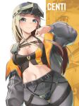  1girl absurdres artist_name bandaid bandaid_on_face bandaid_on_nose belt black_belt blonde_hair blue_eyes blush breasts centi_(nikke) character_name cleavage closed_mouth codpiece commentary cowboy_shot crop_top english_commentary goddess_of_victory:_nikke grey_jacket grey_pants helmet highres jacket jewelry long_hair looking_at_viewer medium_breasts midriff navel necklace off_shoulder open_clothes open_jacket pants simple_background smile solo standing thigh_gap two-sided_fabric two-sided_jacket van.elv white_background zoom_layer 