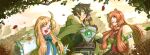  1boy 2girls :d ;d absurdres ahoge arm_shield armor belt bird_girl bird_wings black_belt black_hair black_shirt blonde_hair blue_bow blue_bowtie blue_eyes blush bow bowtie breastplate brown_gloves brown_hair brown_shirt bush cloak closed_mouth cloud cloudy_sky collared_dress collared_shirt commentary_request cropped_shirt dress elbow_gloves falling_feathers falling_leaves feathered_wings feathers filo_(tate_no_yuusha_no_nariagari) fingerless_gloves frilled_sleeves frills frown fur-trimmed_armor fur-trimmed_gloves fur-trimmed_shirt fur_trim gloves gold_trim green_cloak green_eyes hand_on_own_wrist hands_up high_collar highres iwatani_naofumi layered_shirt leaf leather_armor leather_shirt legendary_shield_(small_shield)_(tate_no_yuusha_no_nariagari) legendary_shield_(tate_no_yuusha_no_nariagari) long_hair long_sleeves looking_at_viewer messy_hair metal_arm_cuffs metal_hair_tubes mountainous_horizon multiple_girls neck_ribbon nose one_eye_closed open_collar open_mouth outdoors parted_bangs pink_hair pinstripe_dress pinstripe_pattern raphtalia red_dress red_ribbon ribbon shirt shirt_belt short_hair short_sleeves sky sleeveless sleeveless_dress smile straight_hair tate_no_yuusha_no_nariagari teeth tongue tree upper_teeth_only white_dress white_wings wings yellow_sky yocchan_art 