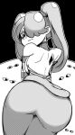  1girl ass back bare_shoulders blush check_commentary commentary_request detached_collar detached_sleeves disembodied_eye dress from_behind hair_over_one_eye hole_on_body inarou_(rakugakiproject) long_hair looking_at_viewer looking_back monochrome simple_background skullgirls solo squigly_(skullgirls) stitched_mouth stitches striped_sleeves twintails 
