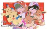  1boy 1girl :d absurdres anniversary bangs baseball_cap black_hair brown_eyes brown_hair character_doll chase_(pokemon) commentary_request dated eevee elaine_(pokemon) green_shorts hat highres jacket long_hair open_mouth pikachu pokemon pokemon_(creature) pokemon_(game) pokemon_lgpe red_headwear short_sleeves shorts smile tongue zonbi4771 