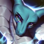  anthro belly_scales blue_body blue_eyes blue_scales cobra eyelashes eyeshadow female headshot_portrait lazyollie looking_at_viewer makeup portrait reptile scales scalie snake solo 