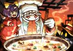  1boy 1girl 1other bib black_mage_(final_fantasy) blue_coat bow chef_hat coat colored_skin commentary_request cooking_pot eiko_carol final_fantasy final_fantasy_ix gloves glowing glowing_eyes green_eyes hat highres horns mini_wings open_mouth purple_hair quina_quen red_gloves single_horn smile steam stew stirring tongue tongue_out toque_blanche vivi_ornitier watawata22 white_skin wings wizard_hat yellow_bow yellow_eyes 