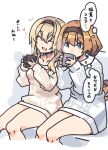  2girls alternate_costume black_hairband blonde_hair blue_eyes commentary_request cup dress feet_out_of_frame hairband kantai_collection long_hair low_ponytail mug multiple_girls nakadori_(movgnsk) orange_hair ponytail sweater sweater_dress translation_request valiant_(kancolle) warspite_(kancolle) white_dress white_sweater 