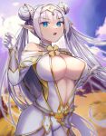  1girl absurdres arm_guards bangs bare_shoulders belt blue_eyes blue_sky blush breasts britomart_(fate) capelet center_opening cleavage double_bun dress elbow_gloves fate/grand_order fate_(series) gloves gold_trim grey_hair hair_bun hairband highres large_breasts long_hair looking_at_viewer mtyk_ooosjes99 navel open_mouth pants pointy_ears sky solo tight tight_pants twintails very_long_hair white_capelet white_dress white_gloves white_pants 