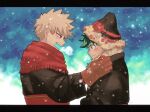  2boys bakugou_katsuki black_coat black_headwear blonde_hair blush boku_no_hero_academia breath brown_gloves closed_mouth coat commentary_request flower from_side fur-trimmed_coat fur-trimmed_headwear fur_trim gaagyeo gloves green_eyes green_hair hat hat_flower highres holding holding_flower korean_commentary letterboxed long_sleeves looking_at_another male_focus midoriya_izuku multiple_boys open_mouth red_eyes red_scarf scarf short_hair snowing spiked_hair upper_body winter_clothes 