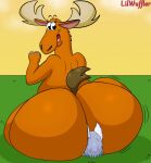  2022 anthro antlers becky_(johnny_bravo) big_butt brown_body brown_fur butt canid canine canis capreoline cervid duo eyelashes facesitting female fur grey_hair hair hi_res horn huge_butt johnny_bravo_(series) lilwuffler_(artist) looking_back male mammal mature_anthro mature_female moose open_mouth wolf 