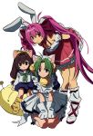  3girls animal_ears animal_hands animal_hat bad_id bad_twitter_id bare_shoulders bell betti_(xx_betti) blue_dress bow breasts brown_eyes brown_hair cat_ears cat_hat cat_tail cleavage dejiko di_gi_charat dice_hair_ornament dress full_body gema gloves green_eyes green_hair hair_bell hair_bow hair_ornament hat highres jingle_bell large_breasts leaning_forward long_hair looking_at_viewer multiple_girls parted_bangs paw_gloves pink_hair pink_skirt puchiko puffy_short_sleeves puffy_sleeves rabbit_ears red_eyes short_hair short_sleeves simple_background sitting skirt smile standing tail twintails usada_hikaru very_long_hair 