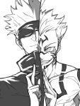  absurdres closed_mouth commentary_request extra_eyes eye_mask gojou_satoru greyscale highres jiho_(un3337) jujutsu_kaisen looking_at_viewer mask monochrome muscular muscular_male open_mouth ryoumen_sukuna_(jujutsu_kaisen) short_hair simple_background smile teeth 