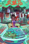  1girl ahoge animal_ear_fluff animal_ears apron bell black_hair blue_eyes boots cat_ears cat_girl ceiling_light chair choker commentary crab english_commentary facial_mark fangs fish fish_tank gloves hair_between_eyes hand_fan highres ice ice_cube knee_boots looking_at_viewer naked_apron neck_bell open_mouth original purple_apron red_choker red_gloves rubber_gloves sign sitting skewer solo sweat taressaa_(resapn) whisker_markings 