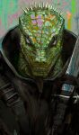  1boy absurdres black_jacket caiman_(dorohedoro) dorohedoro green_scales highres jacket knife kyezzzz looking_at_viewer male_focus reptile_boy scar scar_across_eye scar_on_face smile spiked 