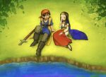  1boy 1girl ^_^ bandana belt blue_cape boots brown_boots brown_hair cape closed_eyes commentary_request dragon_quest dragon_quest_viii grass hero_(dq8) highres laughing long_hair medea_(dq8) nogo_(nogo_059) on_ground open_mouth orange_bandana princess red_skirt sitting skirt smile sword water weapon 