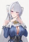  1girl ai-generated antenna_hair ascot bare_shoulders blue_dress blurry blush breasts cleavage closed_mouth collarbone commentary depth_of_field dress earrings hair_between_eyes hair_ornament hairclip highres jewelry large_breasts light_smile long_hair long_sleeves looking_at_viewer makeup necklace parted_lips portrait purple_eyes ring simple_background smile solo steepled_fingers stella_(ps_calm) straight_hair upper_body velina_(zenless_zone_zero) white_background white_hair zenless_zone_zero 