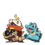  arms_up blacknirrow bright_pupils english_commentary fuecoco grey_eyes no_humans open_mouth pokemon pokemon_(creature) red_eyes sandile sharp_teeth simple_background smile spikes teeth totodile white_background white_pupils 