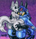  2022 anthro blue_body bulge canid canine canis duo fan_character fox girly hair hi_res male male/male mammal marker_(artwork) parasitedeath size_difference smile tagme tongue tongue_out traditional_media_(artwork) wolf 