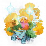 claws commentary_request fangs full_body ivysaur leaf looking_to_the_side no_humans open_mouth pokemon pokemon_(creature) red_eyes solo watermark yamanashi_taiki 