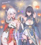  2girls absurdres aerial_fireworks ahoge black_boots blue_kimono boots breasts cleavage commentary_request dress erasumo3821 fireworks heart high_ponytail highres holding_hands honkai_(series) honkai_impact_3rd japanese_clothes kiana_kaslana kiana_kaslana_(ba-dum!_fiery_wishing_star) kimono lantern large_breasts long_hair looking_at_viewer multiple_girls paper_lantern ponytail purple_eyes purple_hair raiden_mei raiden_mei_(xentinel:_dawnbearing_crescent) sky sky_lantern smile thighs twitter_username v very_long_hair white_dress white_hair white_unitard 