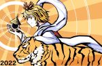  1girl 2022 bishamonten's_pagoda black_streaks blonde_hair chinese_zodiac commentary_request dated hagoromo hand_on_animal light_rays long_sleeves lotus_hair_ornament multicolored_hair nanachise7 orange_eyes profile shawl shirt smile streaked_hair sunburst sunburst_background tiger toramaru_shou touhou white_shawl white_shirt year_of_the_tiger 