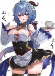  1girl :o apron armpit_crease bare_shoulders blue_hair blush bow breasts cleavage cup detached_sleeves feet_out_of_frame ganyu_(genshin_impact) genshin_impact goat_horns hair_between_eyes hair_bow hand_on_own_chest highres holding holding_cup holding_saucer horns large_breasts long_hair looking_at_viewer maid maid_apron maid_headdress open_mouth purple_eyes red_horns saucer the_olphy thick_thighs thigh_gap thighhighs thighs 