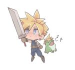  1boy arm_up armor blonde_hair blue_eyes boots brown_footwear brown_gloves buster_sword chibi cloud_strife earrings final_fantasy final_fantasy_vii frog full_body gloves holding holding_weapon huge_weapon jewelry musical_note shoulder_armor spiked_hair standing tasituma2 weapon white_background 