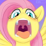  1:1 2022 blush equid equine female feral fluttershy_(mlp) friendship_is_magic fur gaping_mouth gum-k hair hasbro hi_res horse mammal mouth_shot my_little_pony open_mouth pegasus pink_hair pony solo tongue tongue_out uvula wings yellow_body yellow_fur 