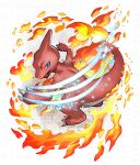  blue_eyes charmeleon claws commentary_request fang fire full_body looking_back no_humans pokemon pokemon_(creature) solo watermark yamanashi_taiki 
