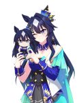  1girl animal_ears asymmetrical_clothes asymmetrical_jacket blue_eyes blue_hair blue_wrist_cuffs blush breasts character_doll cleavage closed_mouth commentary_request doll ear_covers hair_between_eyes highres holding holding_doll horse_ears horse_girl long_hair looking_at_viewer medium_breasts mole mole_under_eye neko_reina one_eye_closed simple_background single_ear_cover skirt smile solo umamusume verxina_(le_beau_sommet)_(umamusume) verxina_(umamusume) white_background wrist_cuffs 
