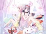  2girls :d akemi_homura back-to-back bare_shoulders black_hair blue_socks blush character_doll charlotte_(madoka_magica) commentary controller couple curtains dated_commentary doll dress english_commentary eye_contact frilled_dress frills game_controller hairband hands_up highres holding holding_controller holding_game_controller iso_usagi kaname_madoka knees_up kyubey long_hair looking_at_another mahou_shoujo_madoka_magica mahou_shoujo_madoka_magica_(anime) multiple_girls nightgown nintendo_switch on_bed out_of_frame pastel_colors pillow playing_games playing_video_games purple_dress purple_eyes red_hairband short_hair short_sleeves sidelocks sitting sleeveless sleeveless_dress smile socks star_(symbol) strap_slip yellow_dress yellow_eyes yellow_socks yuri 