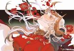  1girl absurdres alternate_body_fluid breasts cape chinese_commentary cleavage commentary_request double_bun dress edelgard_von_hresvelg edelgard_von_hresvelg_(timeskip) fake_horns fire_emblem fire_emblem:_three_houses flower gold_headwear hair_bun headshot highres horned_headwear horns large_breasts looking_up mimulishizi purple_eyes red_dress red_flower solo torn_clothes torn_dress watermark weibo_watermark white_hair 