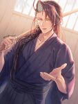  1boy asa_no_ha_(pattern) asagi_tsuzumi black_hair black_hakama blue_kimono bokken braid curtained_hair fate/grand_order fate_(series) grey_eyes hakama highres holding holding_sword holding_weapon japanese_clothes kimono kondou_isami_(fate) long_hair looking_at_viewer male_focus official_alternate_costume over_shoulder red_hair single_braid single_hair_streak solo sword weapon weapon_over_shoulder wooden_sword 