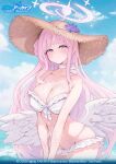  1girl absurdres angel_wings bare_arms bare_shoulders bikini blue_archive blue_sky blush breasts character_name choker cleavage closed_mouth collarbone commentary_request crossed_arms feathered_wings frilled_bikini frills halo hat highres inging823 long_hair low_wings medium_breasts mika_(blue_archive) mika_(swimsuit)_(blue_archive) multicolored_hair navel official_alternate_costume official_alternate_hairstyle outdoors pink_hair pink_halo sky solo stomach straw_hat swimsuit thighs white_bikini white_choker wing_ornament wings yellow_eyes 