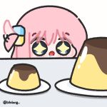  +_+ 1girl :o blue_eyes bocchi_the_rock! chibi chibi_only commentary_request cube_hair_ornament drooling food gotoh_hitori hair_ornament hair_wagging highres hungry korean_commentary long_hair looking_at_food looking_at_viewer lulalang one_side_up open_mouth pink_hair plate pudding simple_background solo twitter_username white_background 