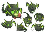  1girl :3 animalization arknights chibi chibi_only closed_eyes closed_mouth commentary_request crownslayer_(arknights) dragon_bean_(arknights) energy_beam full_body green_eyes highres iguana152588 mask mon3tr_(arknights) mon3tr_(summon)_(arknights) mouth_mask multiple_views one_eye_closed puff_of_air red_eyes red_hair short_hair simple_background sleeping smile tongue tongue_out white_background 