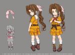  1girl aerith_gainsborough bangs belt belt_bow black_belt boots bow bowtie brown_footwear concept_art female_child final_fantasy final_fantasy_vii final_fantasy_vii_remake full_body green_eyes grey_background hair_ribbon highres long_hair looking_at_viewer looking_back multiple_views official_art orange_shirt orange_skirt parted_bangs parted_lips pink_ribbon ponytail red_bow red_bowtie reference_sheet ribbon roberto_ferrari sailor_collar shirt short_sleeves sidelocks skirt socks square_enix standing wavy_hair white_sailor_collar white_socks 