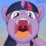  2022 confusion equid equine eyebrows female feral friendship_is_magic fur gum-k hasbro hi_res horn horse mammal mouth_shot my_little_pony open_mouth pony purple_body purple_eyes purple_fur raised_eyebrow solo tongue tongue_out twilight_sparkle_(mlp) unicorn uvula 