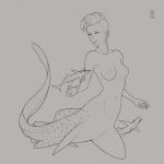  2019 ambiguous_gender black_and_grey breasts carpet_shark female feral fish fish_taur gills group hair marine marine_taur monochrome nipples nude sevi_(artist) shark shark_taur short_hair spots taur trio zebra_shark 