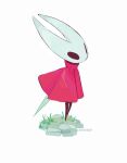  1girl artist_name ben-day_dots black_eyes cloak commentary from_side full_body hightguy hollow_knight hollow_knight:_silksong hornet_(hollow_knight) horns needle_(hollow_knight) red_cloak screentones simple_background solo standing weapon weapon_on_back weeds white_background 