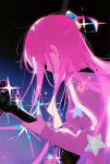  1girl bocchi_the_rock! closed_eyes gotou_hitori guitar hair_cubes hair_ornament highres instrument jacket long_hair music pink_hair pink_jacket playing_instrument rourow solo star_(symbol) sweat track_jacket upper_body 