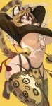  1girl animal_ears animal_print arms_behind_head arms_up bell black_hair black_panties black_sweater blue_eyes breasts brown_hair cropped_sweater fang hair_between_eyes highres huge_breasts jingle_bell long_hair long_sleeves looking_at_viewer multicolored_hair navel ofuda open_mouth original panties pelvic_curtain simple_background solo sweater tail taressaa_(resapn) tassel thighhighs tiger_ears tiger_girl tiger_print tiger_tail underboob underwear yellow_background 