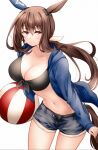  1girl admire_vega_(umamusume) animal_ears ball beachball bikini black_bikini blue_jacket blue_shorts blush breasts brown_hair cleavage closed_mouth commentary cowboy_shot denim denim_shorts ear_covers expressionless front-tie_bikini_top front-tie_top hair_between_eyes hair_ribbon holding holding_ball holding_beachball hood hooded_jacket horse_ears horse_girl horse_tail jacket large_breasts leaning_forward long_hair long_sleeves looking_at_viewer navel open_clothes open_fly open_jacket ponytail purple_eyes red_hayao ribbon shorts sidelocks simple_background single_ear_cover solo standing stomach swimsuit tail thighs umamusume white_background white_ribbon 
