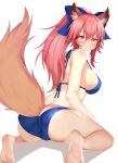  1girl animal_ear_fluff animal_ears ass bikini blue_bikini blue_bow blue_ribbon blush bow breasts fate/grand_order fate_(series) fox_ears fox_girl fox_tail hair_ribbon highres large_breasts looking_at_viewer looking_back pink_hair ponytail ribbon sabi1234 simple_background sitting solo swimsuit tail tamamo_(fate) tamamo_no_mae_(fate/extra) white_background yellow_eyes 